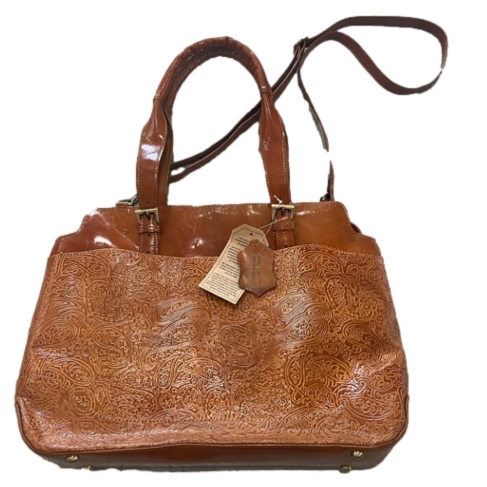 American Genius Leather Handbag w/ Removable Shoulder Strap, Tooled Paisley